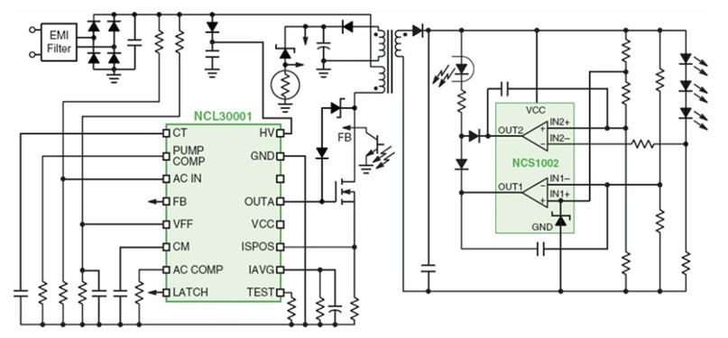 圖4:基于NCL30001的40-150 W AC-DC LED照明方案