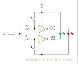 在雙門構成的CMOS/TTL兼容探頭中，R1至R4電阻網(wǎng)絡對反相器輸入端做偏置