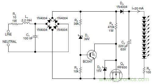 圖2：斬波工作類似圖1中的電路，但以較大的LED串聯(lián)電阻代替了恒流源，提供限流功能