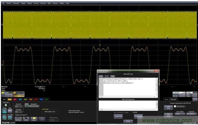 這個嵌入式MATLAB腳本用于解調(diào)調(diào)頻載波，并顯示調(diào)制波形。編輯框允許用戶不離開示波器環(huán)境就能完成腳本的創(chuàng)建或編輯。